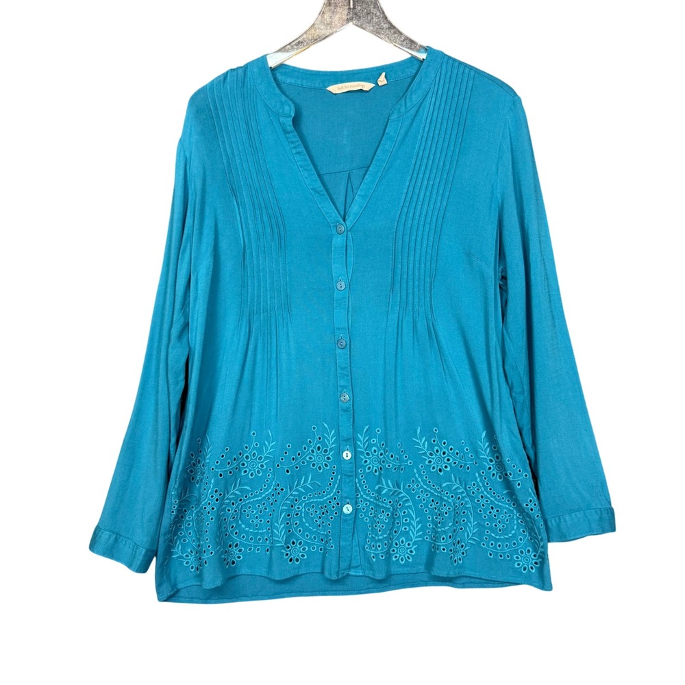 Soft Surroundings Top Womens Medium Teal Blue Eyelet Embroidered Blouse Pintuck‎
